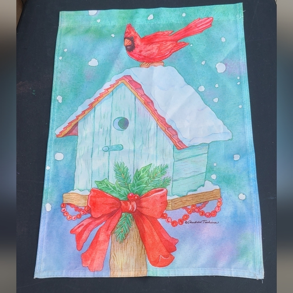 17" long by 12" wide Christmas garden & yard Flag red Cardinal birdhouse